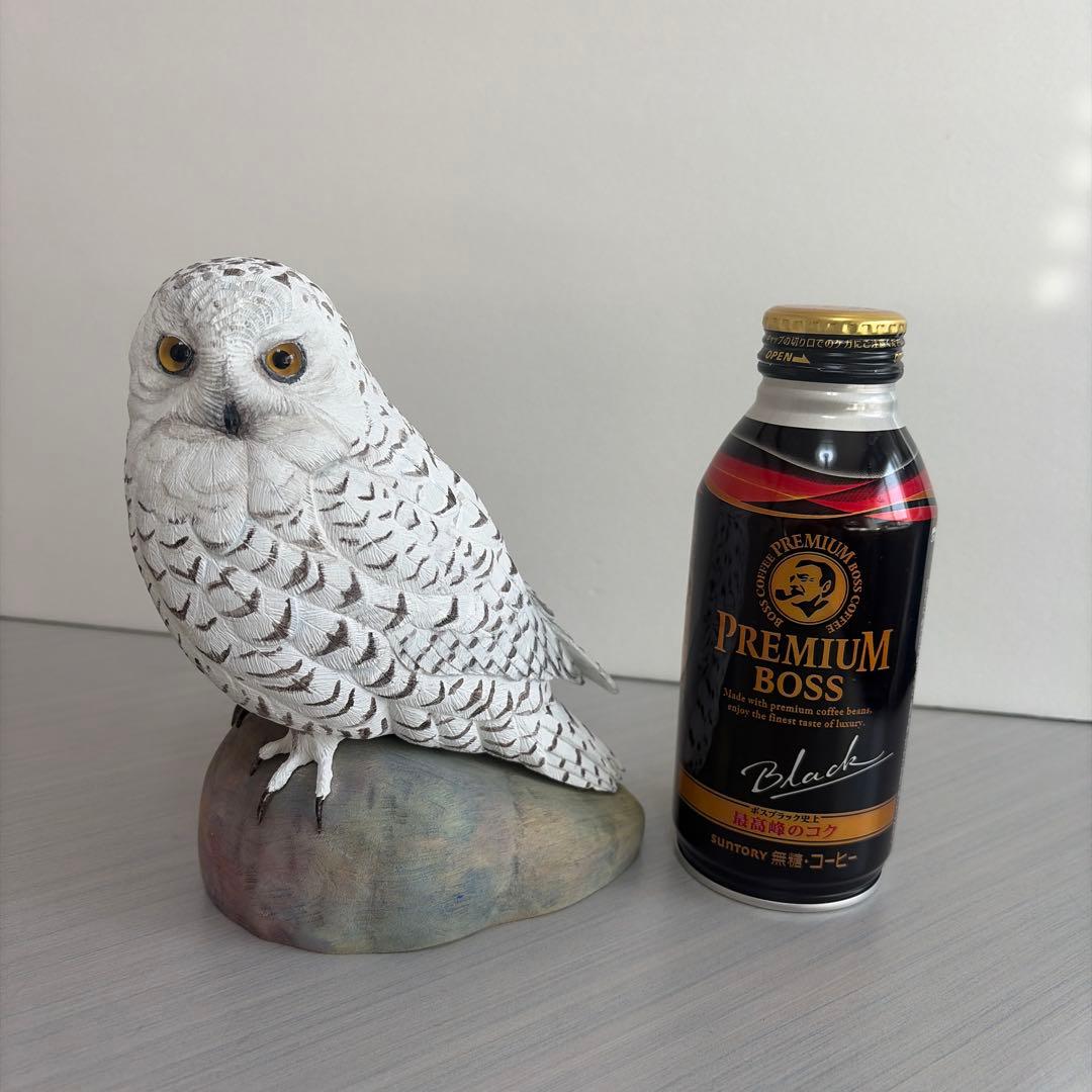 野鳥シロフクロウ　バードカービング　手彫り　リアル木彫り　ハンドメイド　一点物