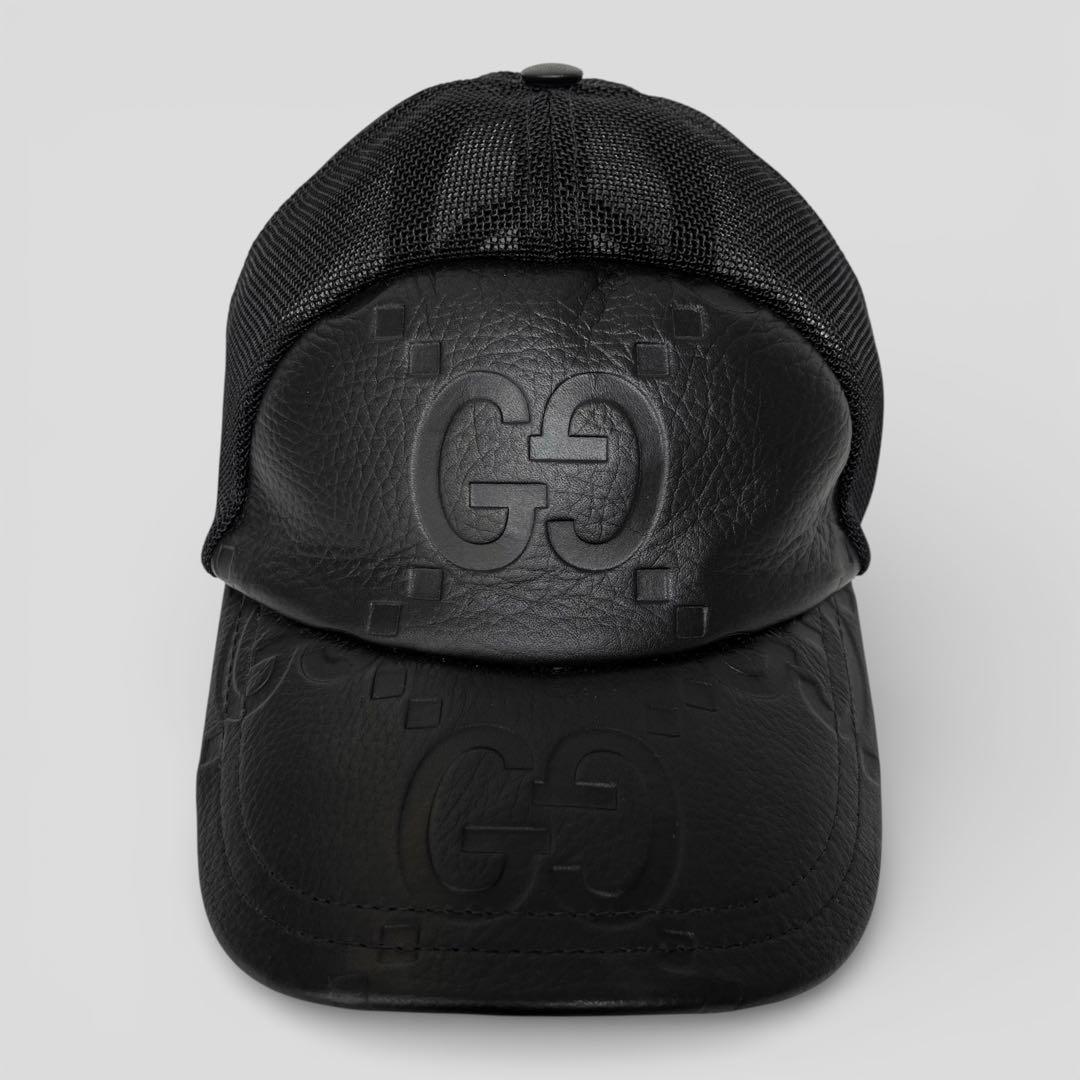 美品 グッチ ジャンボGG レザー キャップ メッシュ ブラック 帽子 L