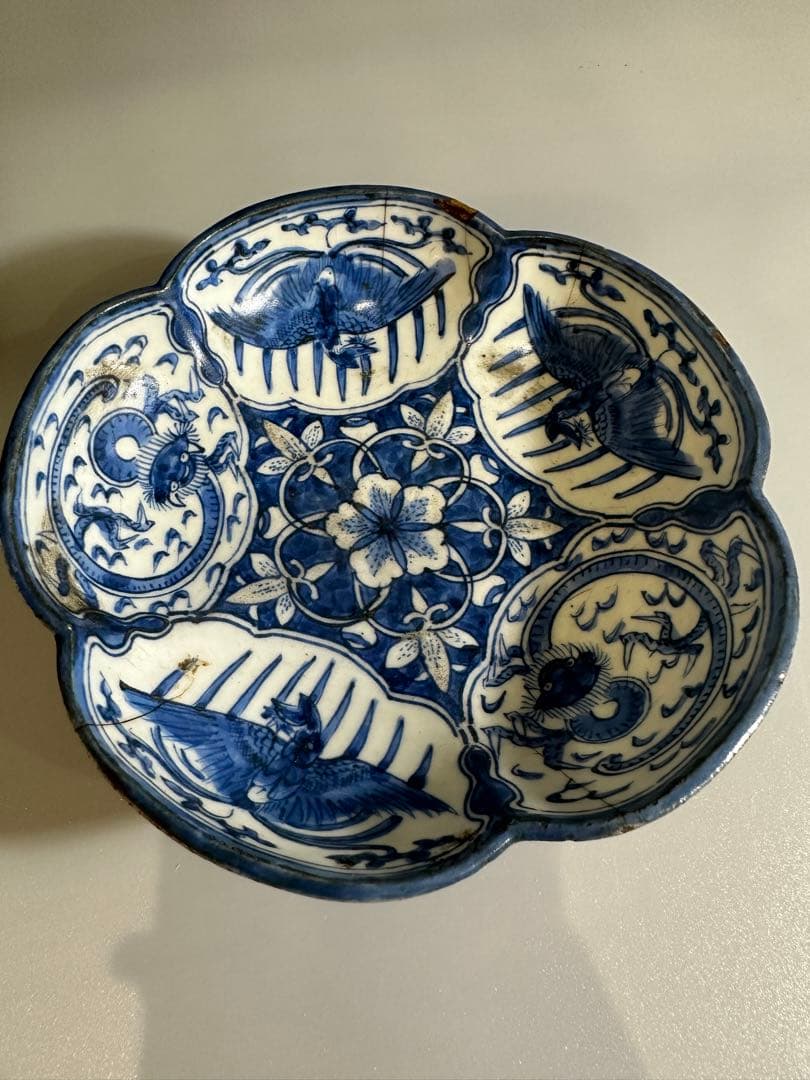 中国 古染付 梅花 碗 15.5cm 古い金修理あり