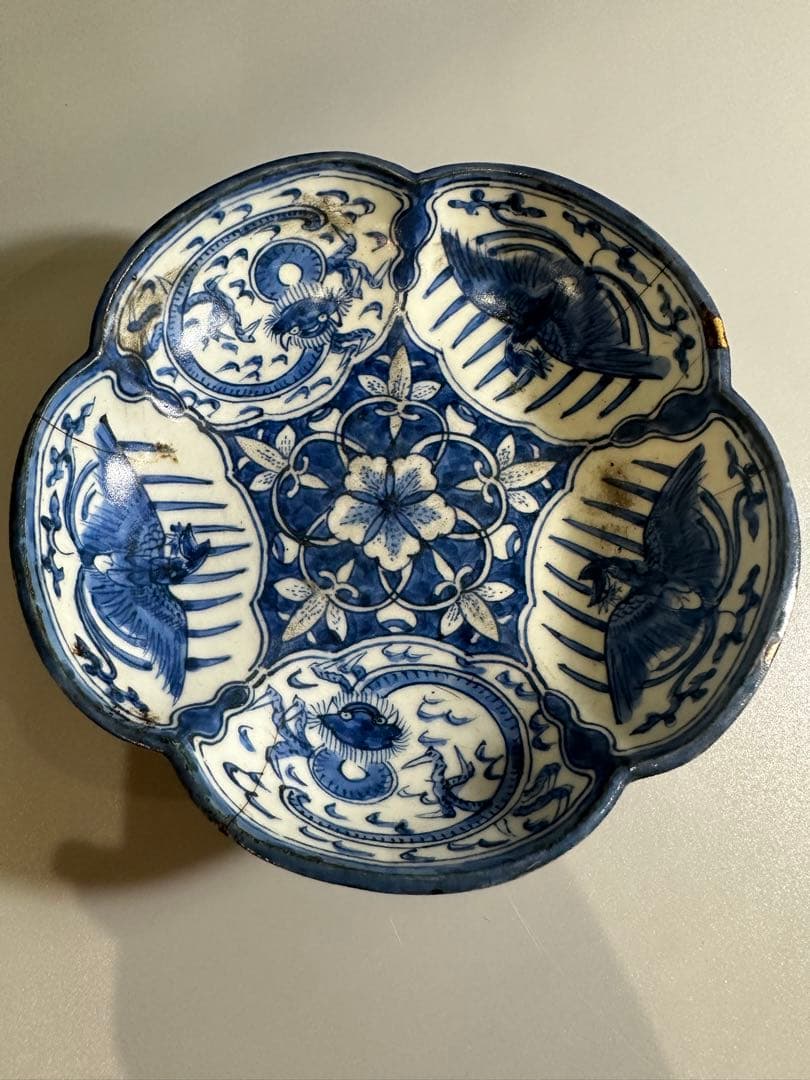 中国 古染付 梅花 碗 15.5cm 古い金修理あり