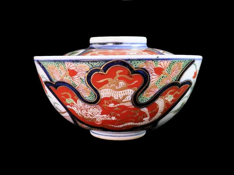 大聖寺伊万里　金襴手　団龍紋に花の図　蓋茶碗　C676AS-fbmt
