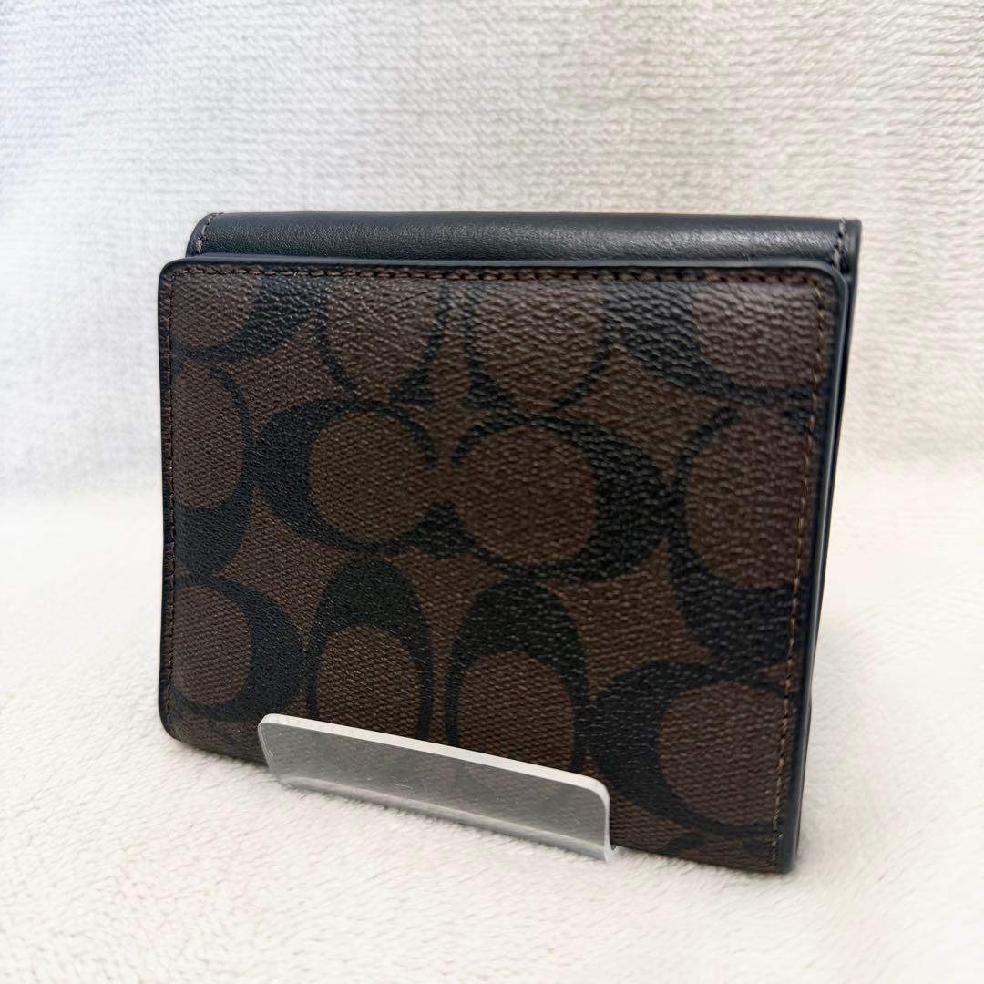 美品COACH 二つ折り財布 シグネチャー ミニウォレット レザー ブラック