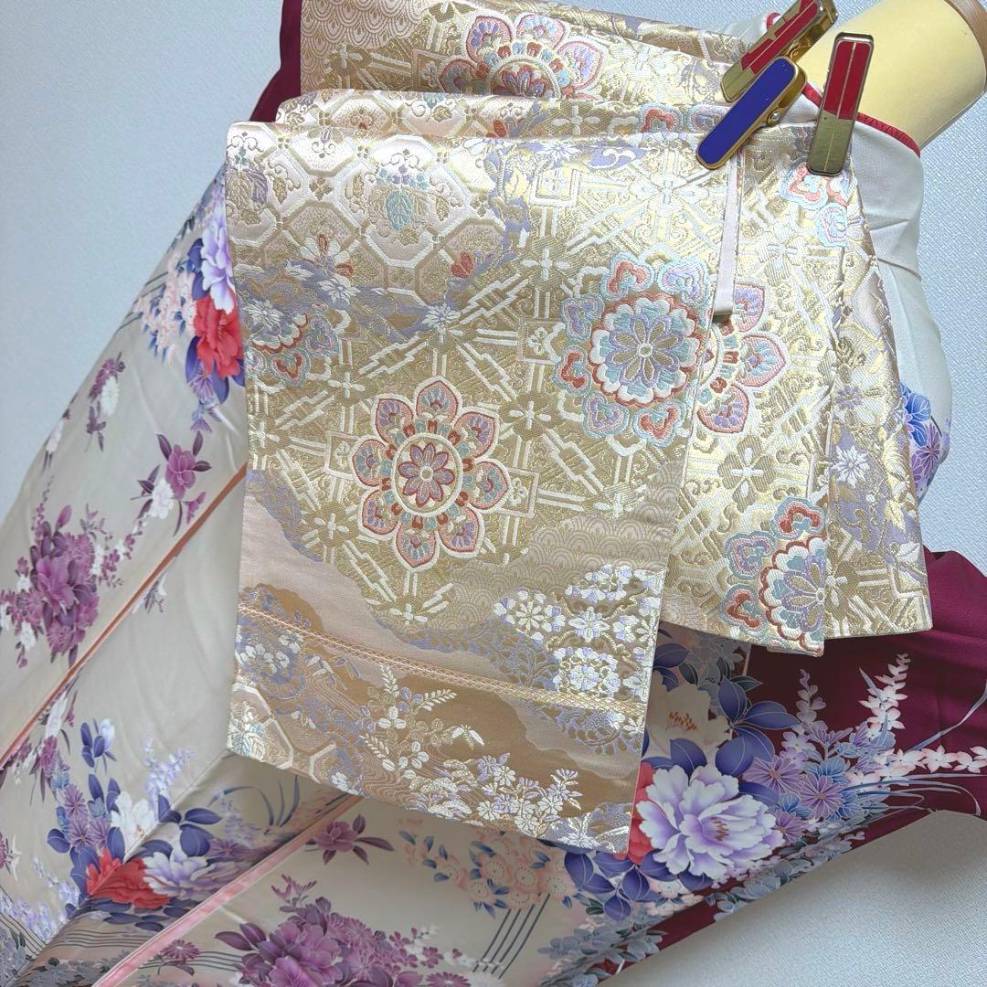 38 振袖フルセット 正絹 赤紫 ワインレッド 白 金彩 暈し染め 華やか 上品
