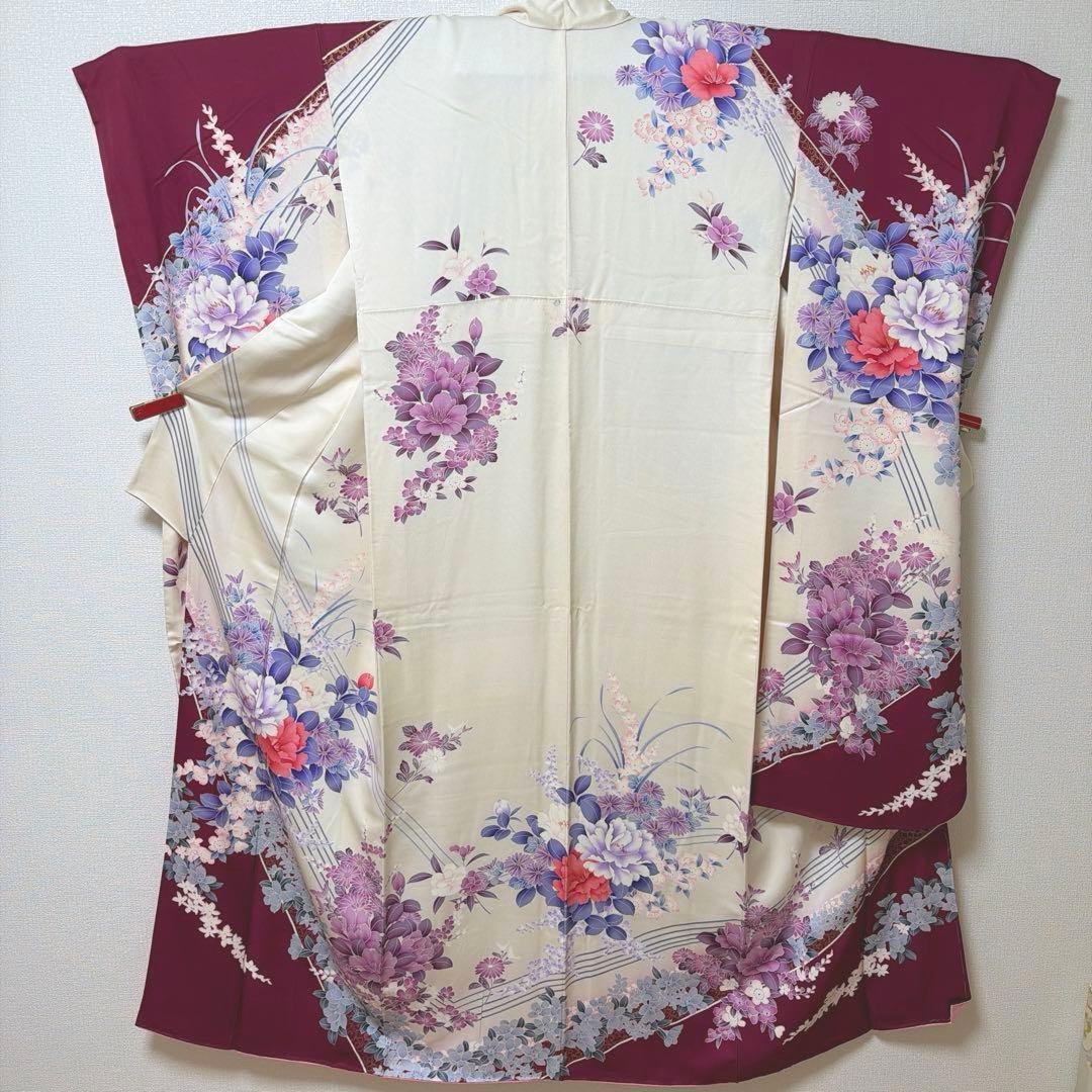 38 振袖フルセット 正絹 赤紫 ワインレッド 白 金彩 暈し染め 華やか 上品