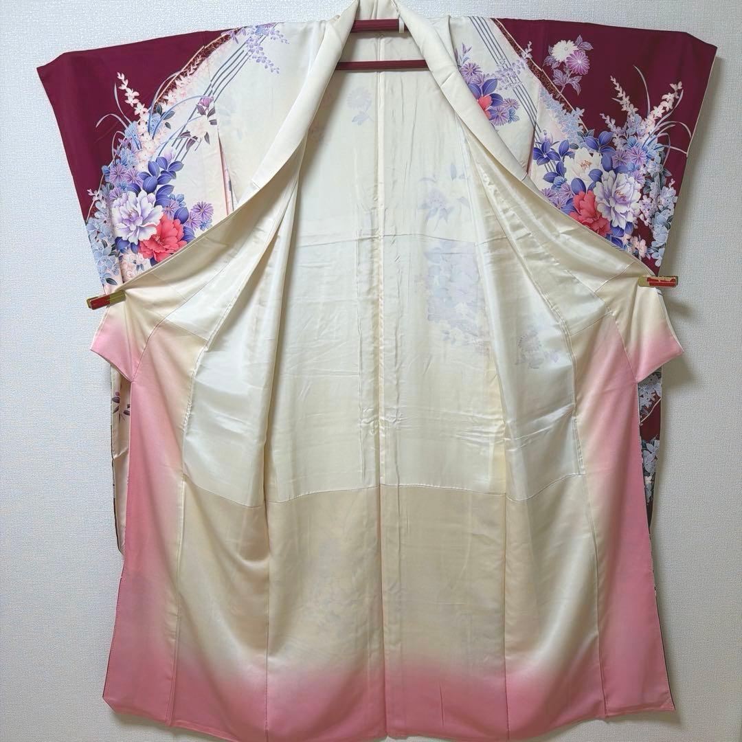 38 振袖フルセット 正絹 赤紫 ワインレッド 白 金彩 暈し染め 華やか 上品