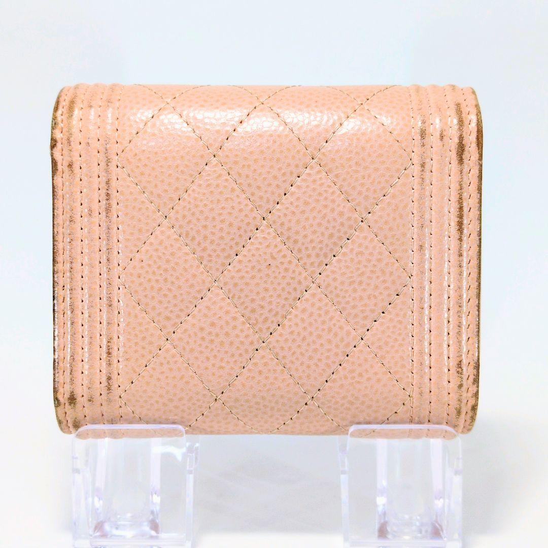 【CHANEL】シャネル ボーイシャネル 三つ折り財布 キャビアスキン ピンク