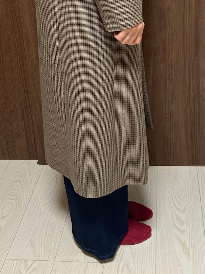 【美品】IÉNAイエナ ブラウン チェック ロングコート ノーカラー サイズ36