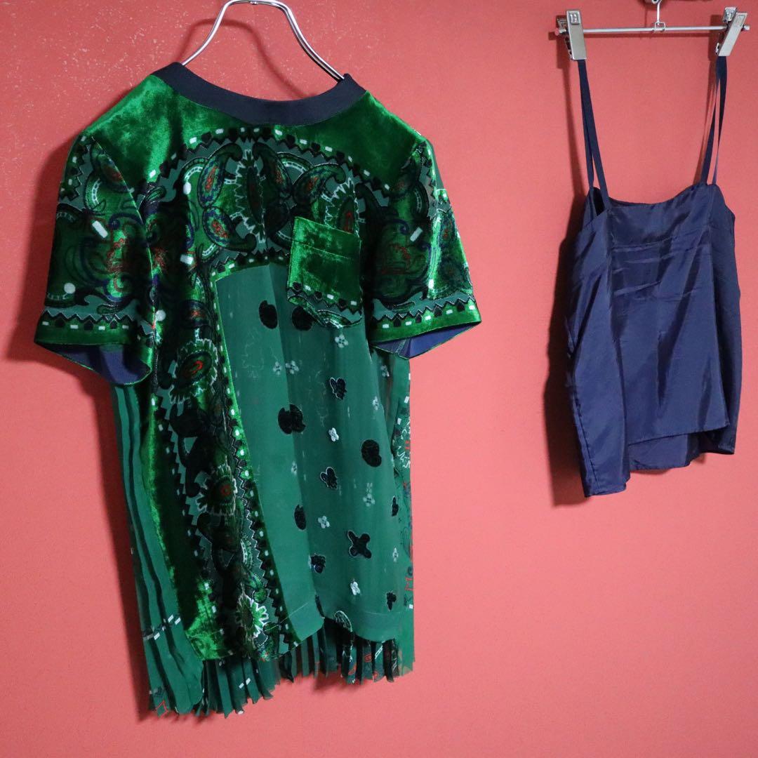 sacai ペイズリー柄 切替デザイン ベロア＆プリーツ＆シースルー Tシャツ