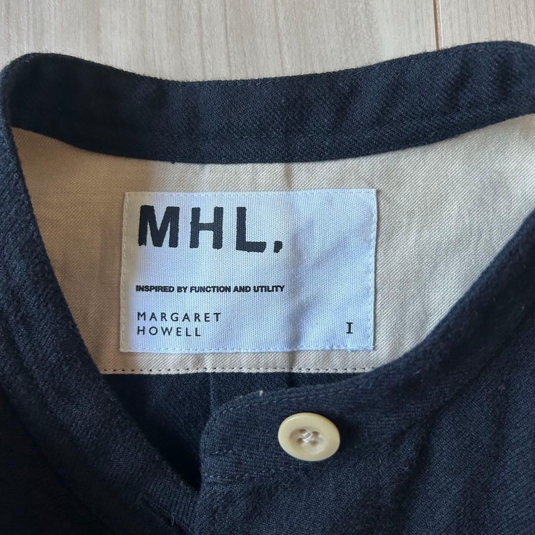 美品＊MHL. コットンウール 黒 バンドカラー ツイルワンピース 1