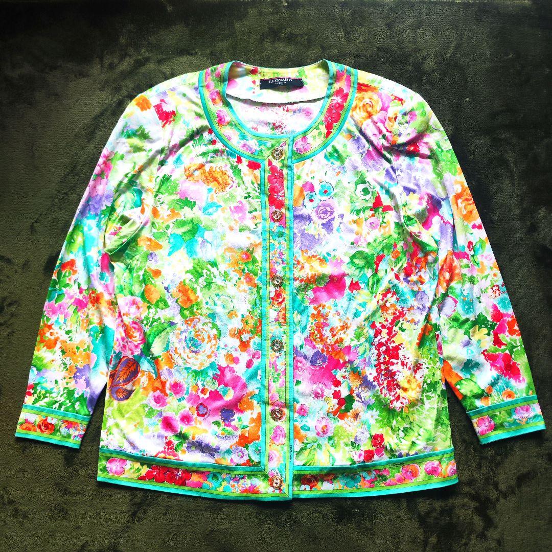 【極美品】LEONARD レオナール 花柄長袖カーディガン ボタニカル Lサイズ