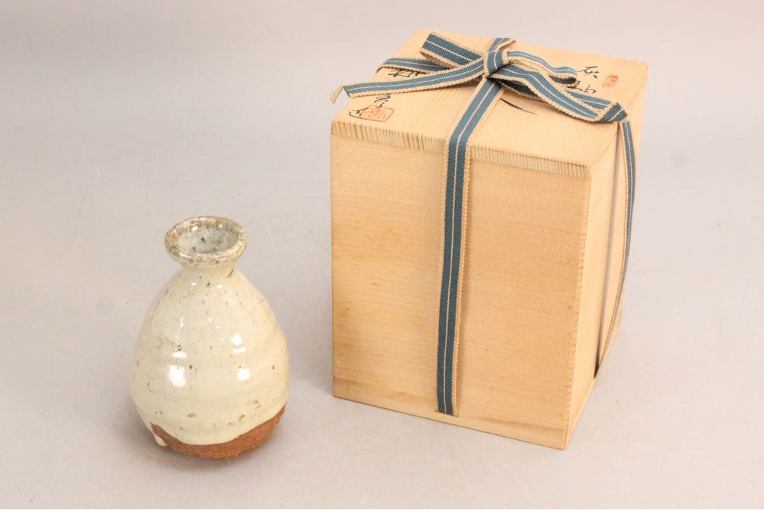 No5162 赤津窯　加藤唐三郎 造　灰釉花入　壷　栞付　共布/共箱　送料無料