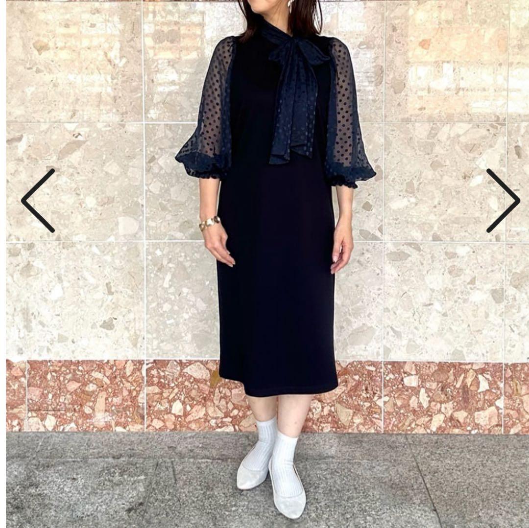 極美品◎銀座マギー　シアー ドット スリーブ ワンピース　ネイビー　38 現行品