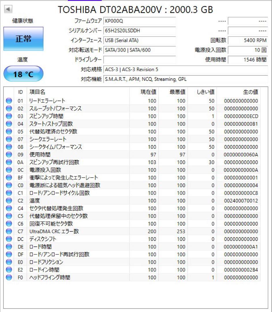 【送料無料★使用1546時間★2TB】東芝★DT02ABA200V★SATA
