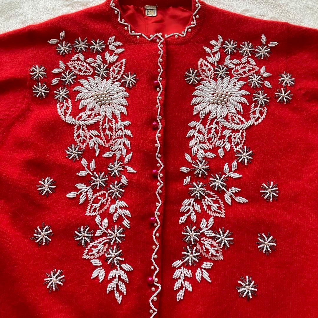 50年代〜60年代ヴィンテージ ビーズ刺繍 サテン裏地付き ニットカーディガン