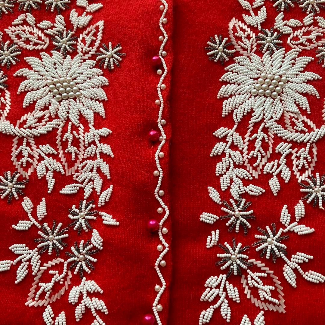 50年代〜60年代ヴィンテージ ビーズ刺繍 サテン裏地付き ニットカーディガン