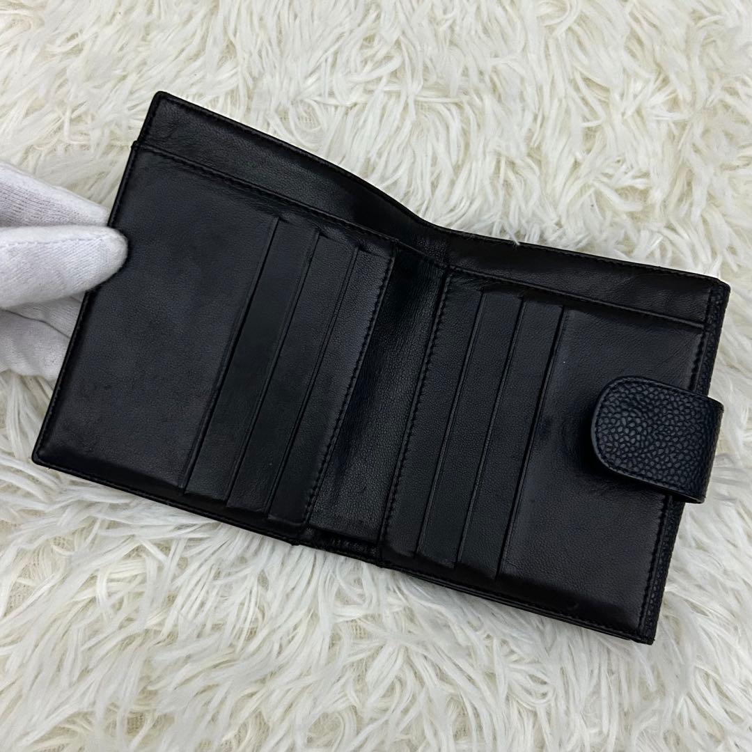 【美品】CHANEL キャビアスキン ココマーク 二つ折り財布 ブラック 箱付き