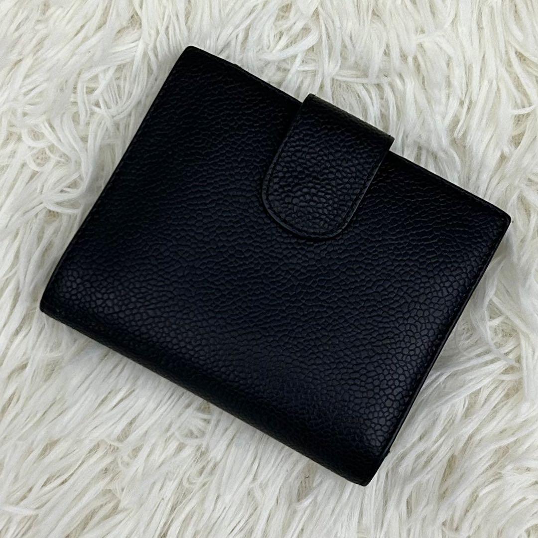 【美品】CHANEL キャビアスキン ココマーク 二つ折り財布 ブラック 箱付き