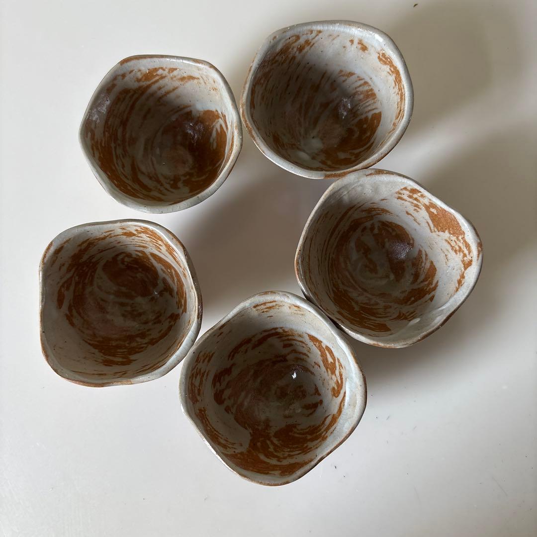 茶道具 萬古焼 成月作 色絵絵替え手捻り煎茶碗(五客)猪口ぐい呑み
