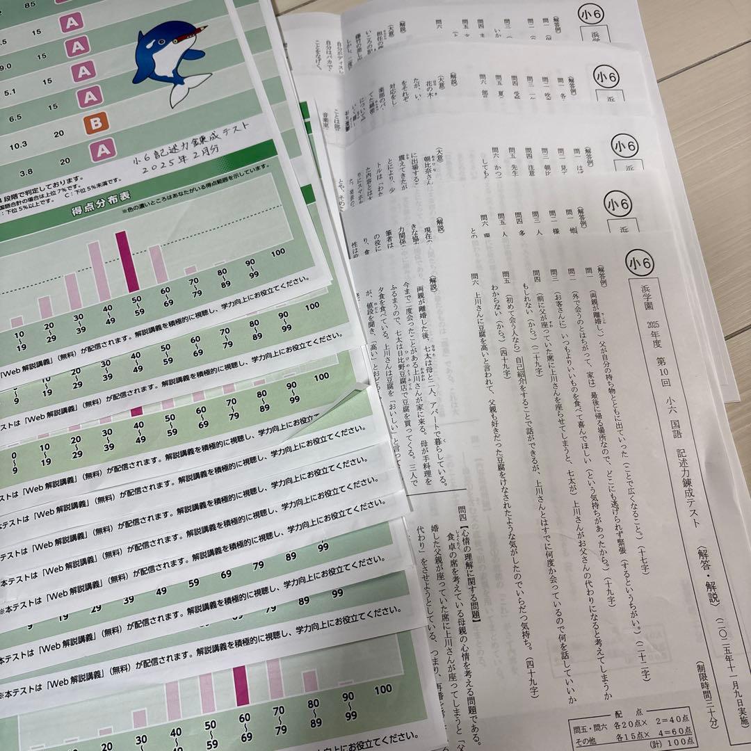 浜学園公開テスト2025年一年分　4科➕記述力錬成　各得点分布表付
