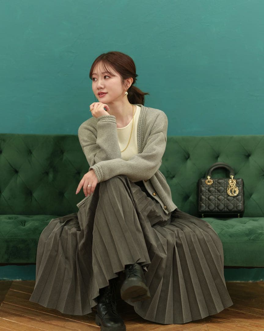 メゾンエシェルタックベルトプリーツスカート M グレー