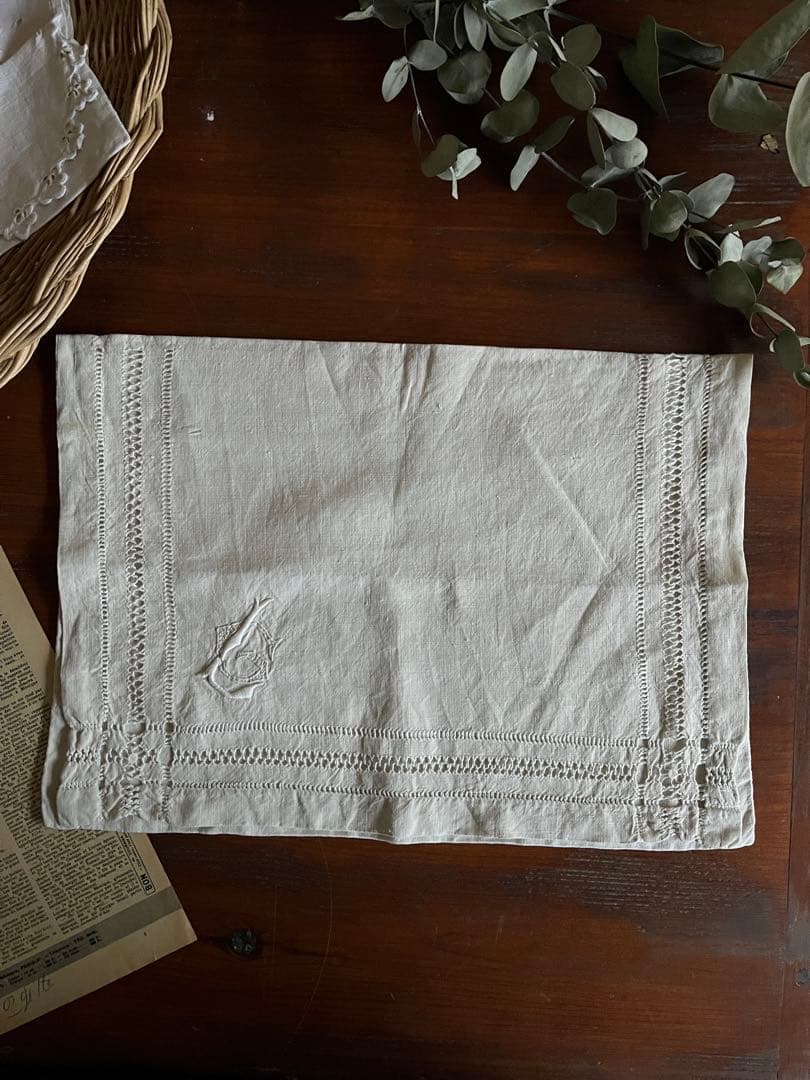 ◆フランスアンティーク｜大きな布ポーチB、イニシャル刺繍、リネン麻、旅行ポーチ