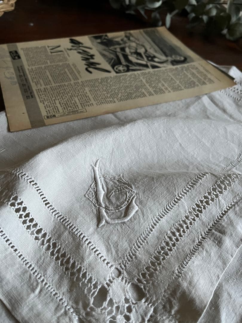 ◆フランスアンティーク｜大きな布ポーチB、イニシャル刺繍、リネン麻、旅行ポーチ