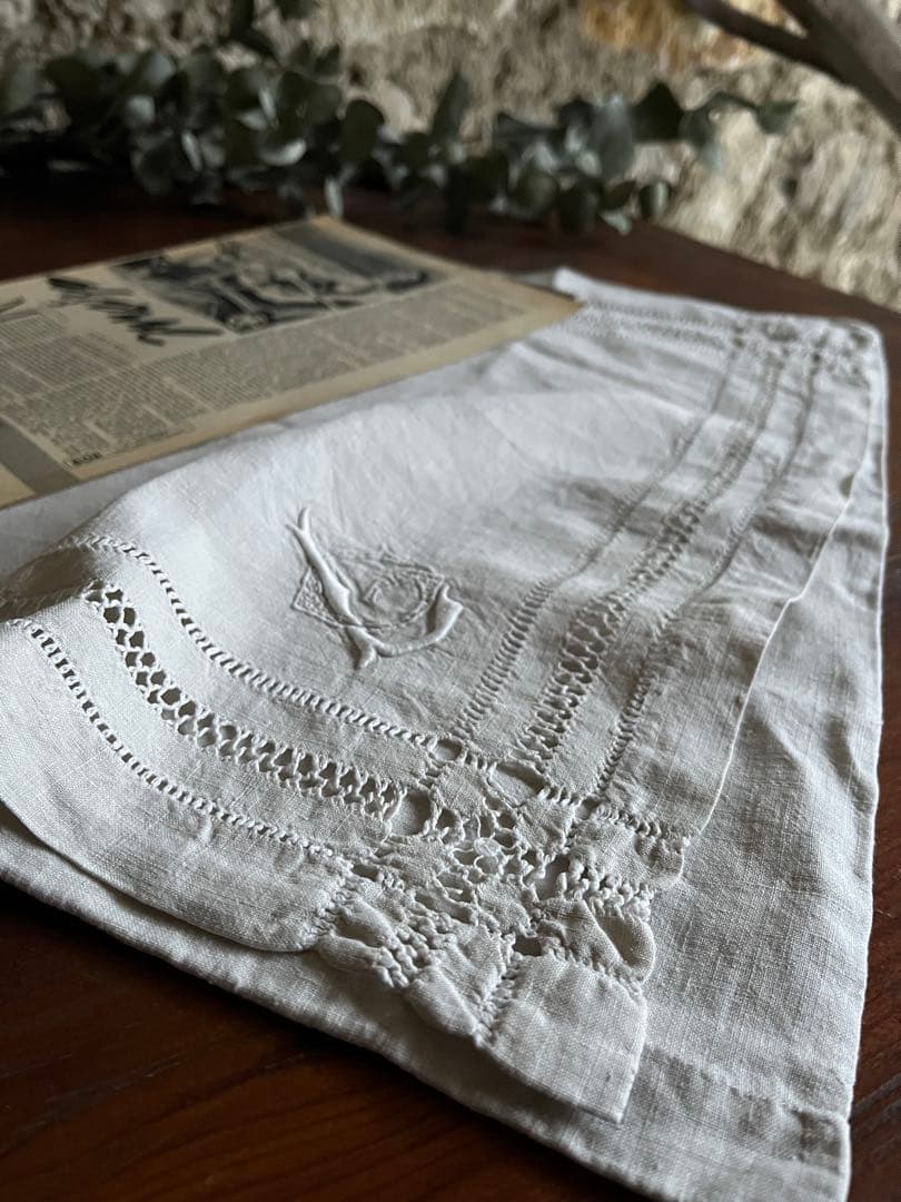 ◆フランスアンティーク｜大きな布ポーチB、イニシャル刺繍、リネン麻、旅行ポーチ