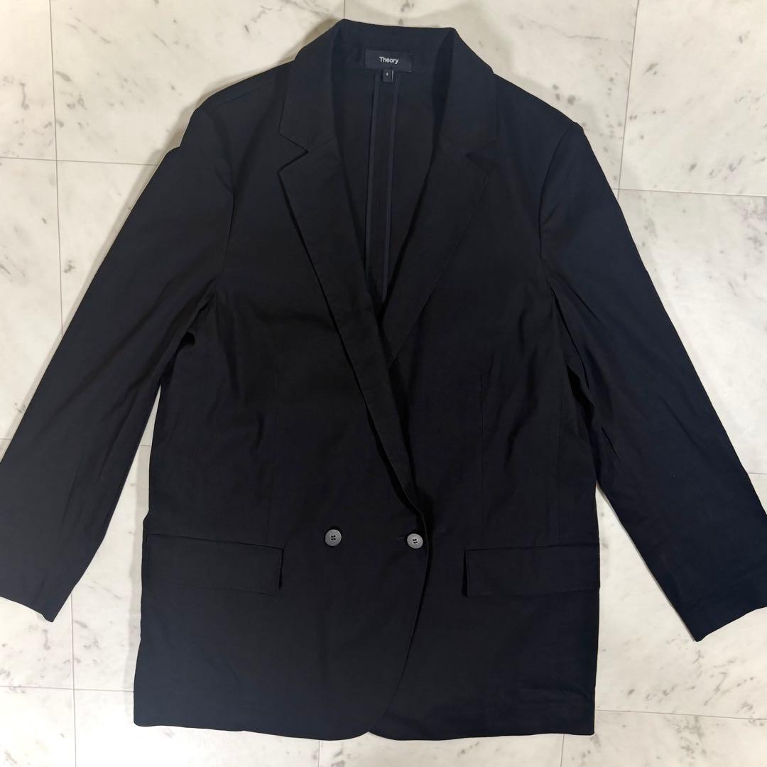 美品 セオリー リネン混 ダブルブレスト ジャケット 黒 定価4.9万 薄手