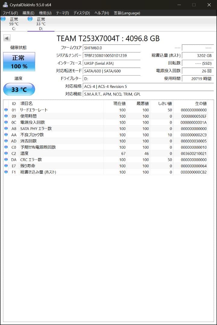 動作確認済 4TB SSD TEAM T253X7004T TBW 約3.12T