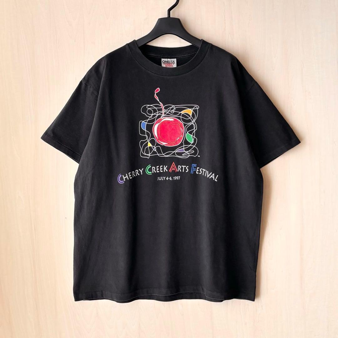 90sUSA製古着　ヴィンテージ　抽象的アート　フェスTシャツ　さくらんぼ