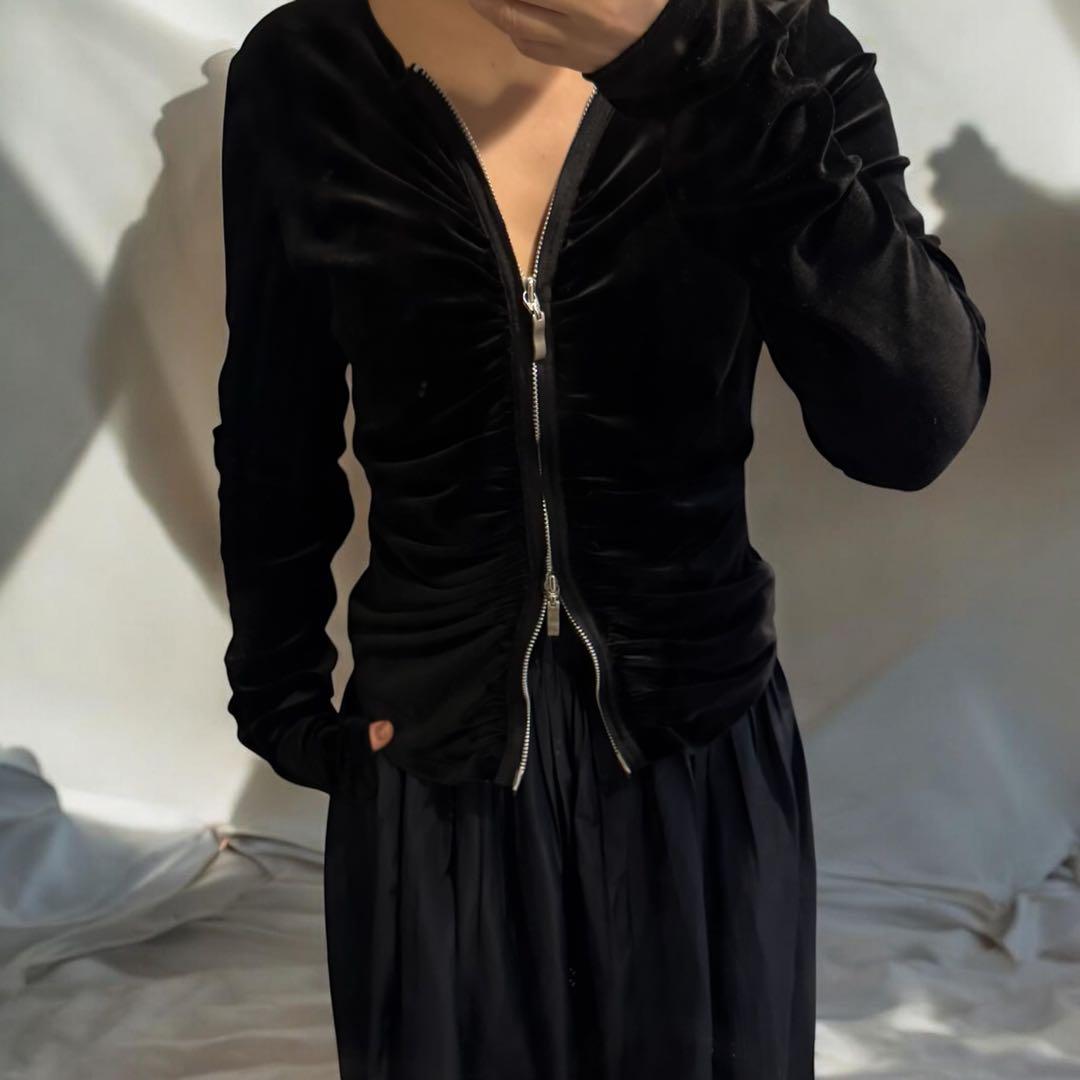 美品✨FOXEY NEW YORK ベロアトップス ダブルジップ ギャザー　黒