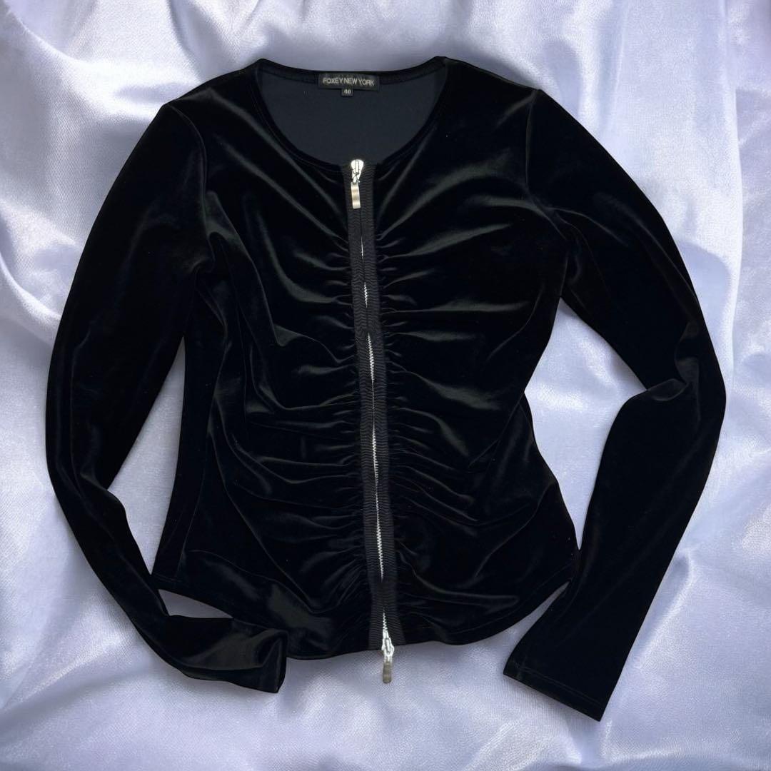 美品✨FOXEY NEW YORK ベロアトップス ダブルジップ ギャザー　黒
