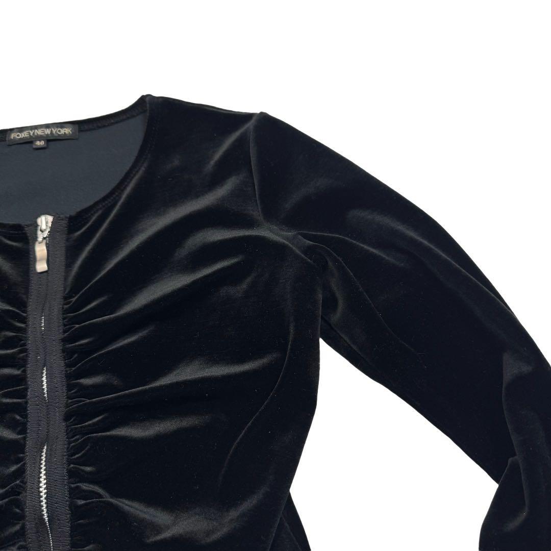 美品✨FOXEY NEW YORK ベロアトップス ダブルジップ ギャザー　黒