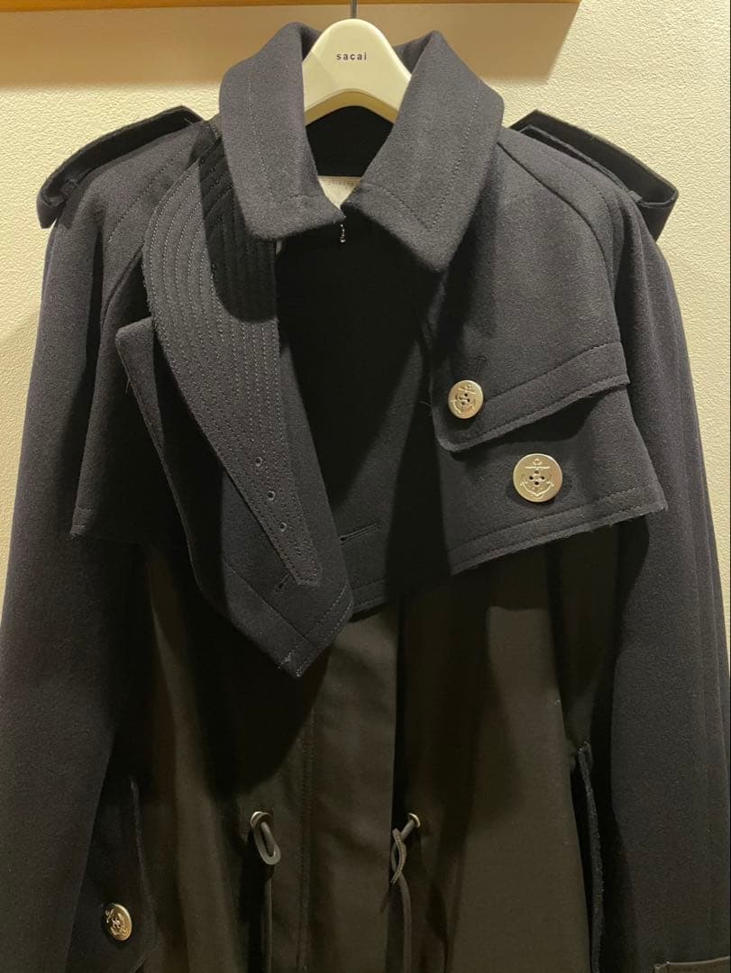 【美品】sacai ロングコート 黒×ネイビー