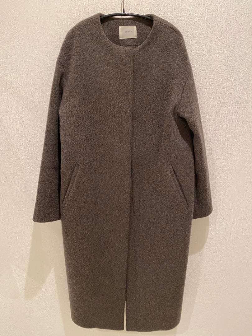 【名品】IENA ラムウールノーカラーロングコート 36 グレー
