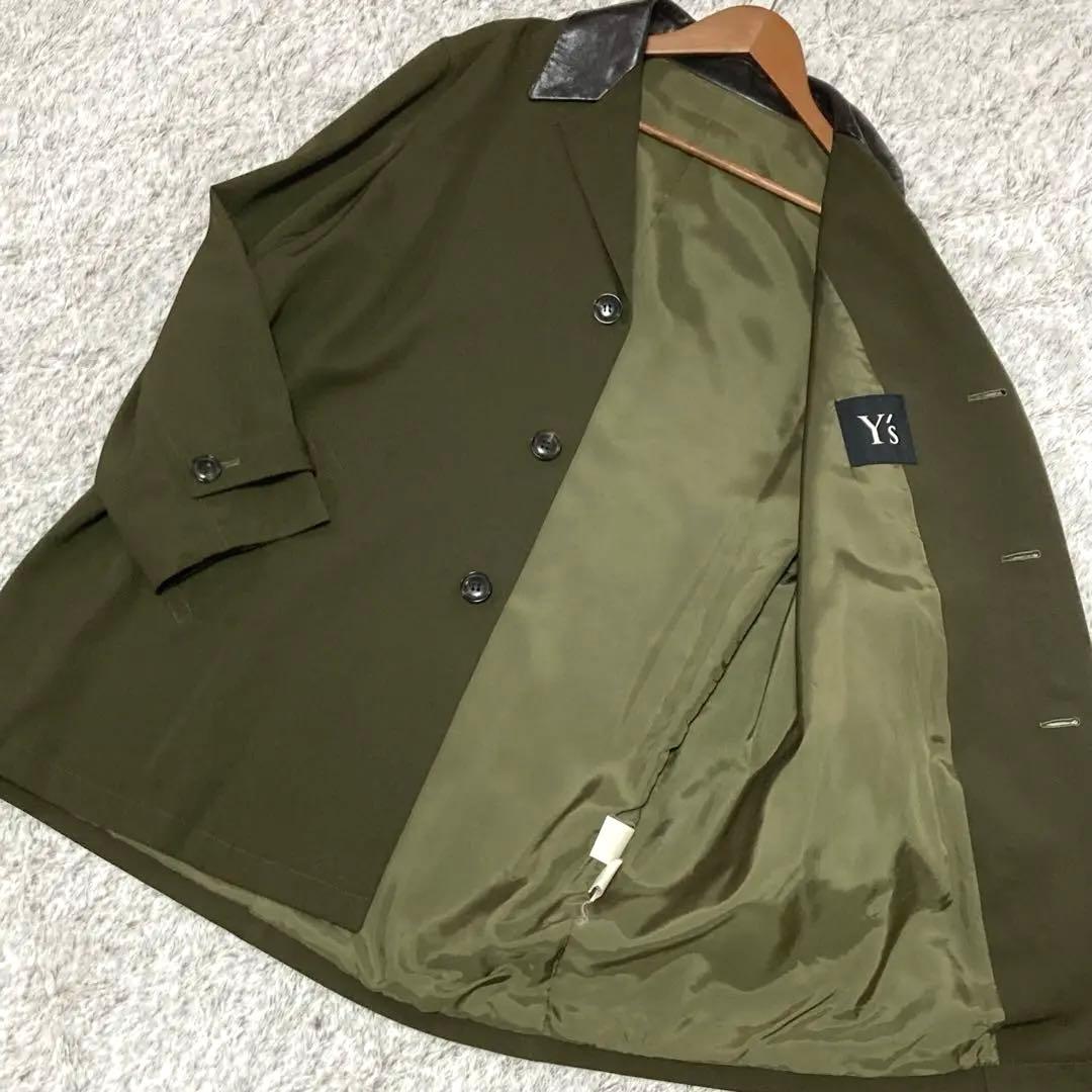 ☆希少☆美品☆Y's ワイズ　トレンチコート　ラムレザーラペル切替　カーキ