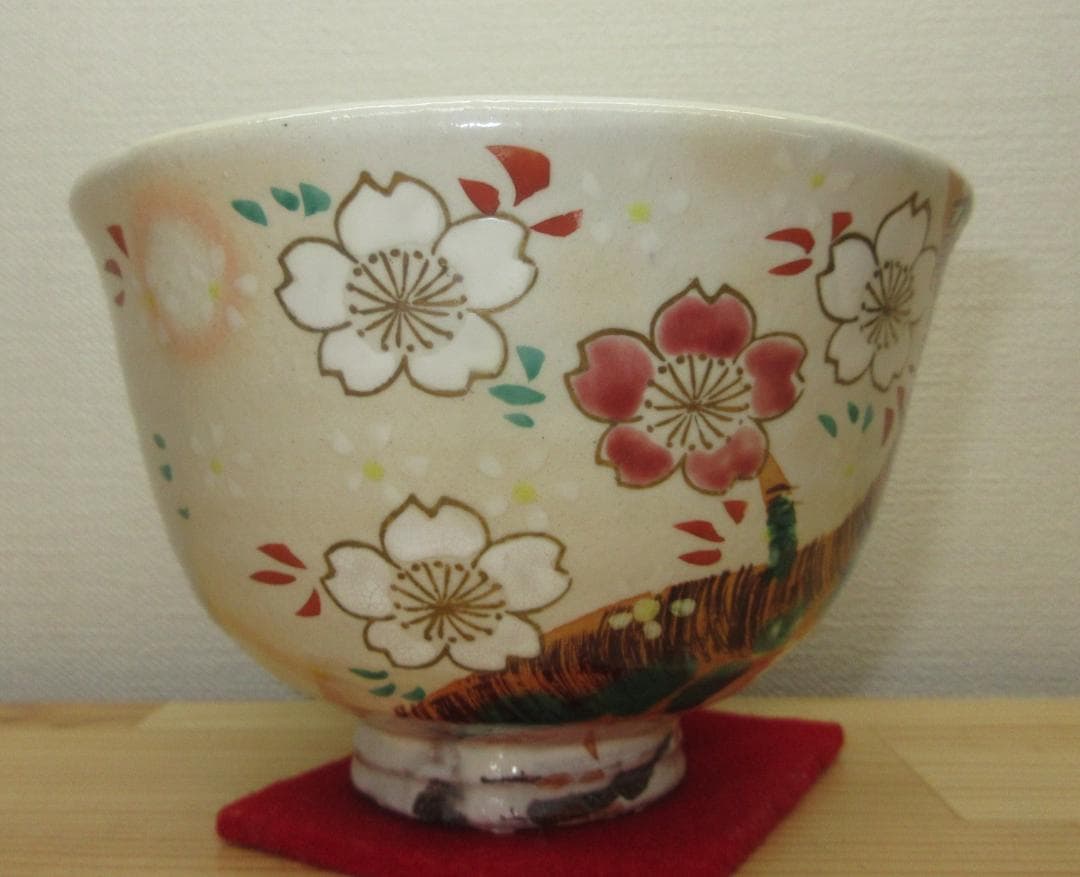 送料込【逢絢亭・新品】茶道具 茶碗 京焼 粉引 桜の図 中村与平 紙箱入り