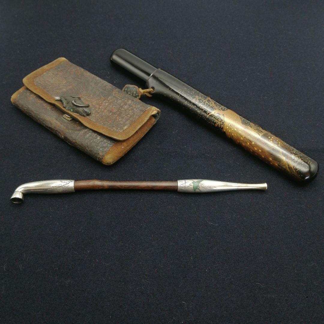 初出し【友壽】金銀口 煙管 鳥月彫刻 蒔絵螺鈿筒 キセル 喫煙具