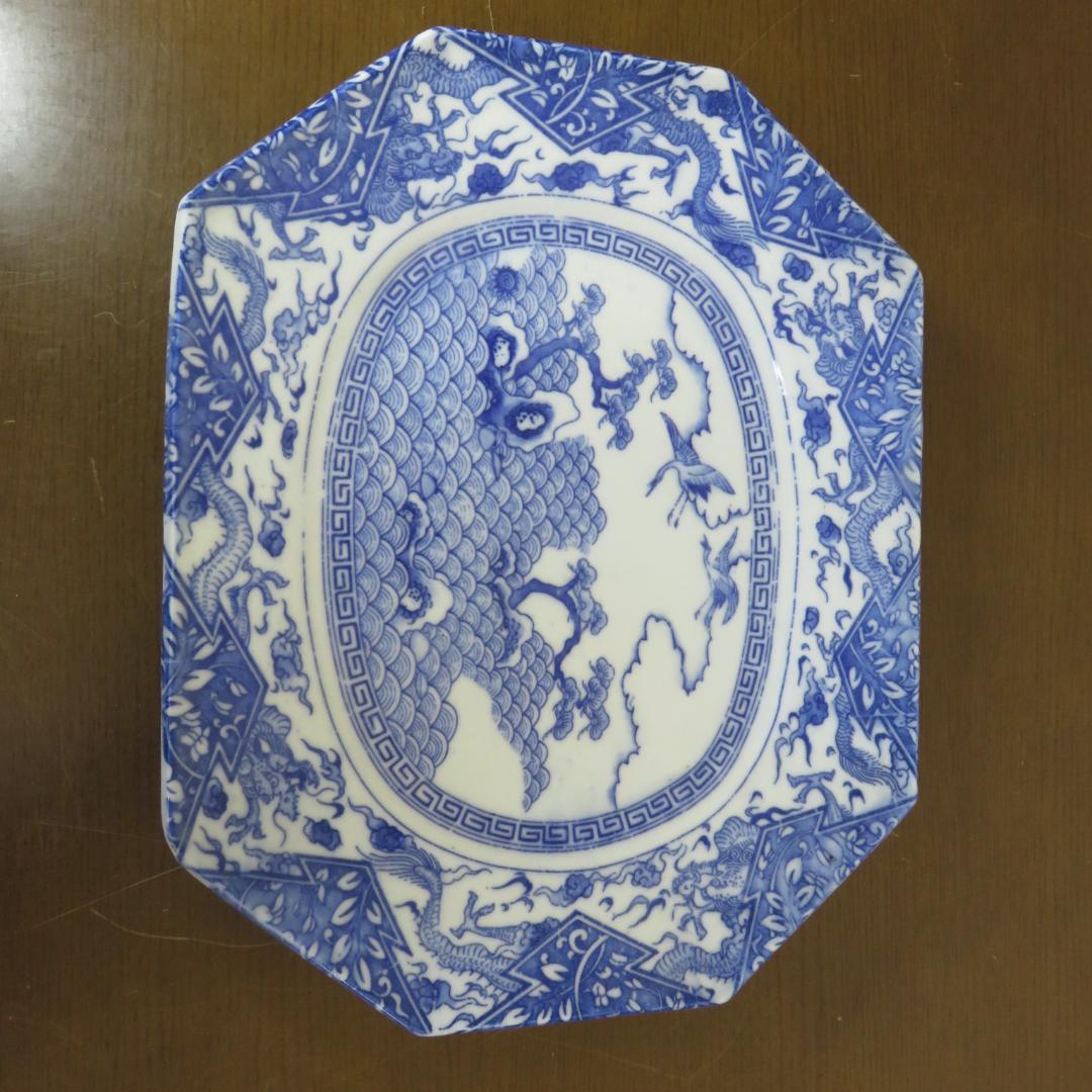 印判 変形八角皿 角皿 変形皿 明治 大正 鶴 松 波 龍 宝