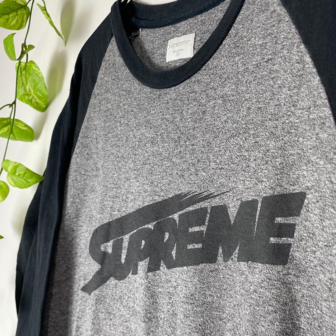 極美品 SUPREME ラグラン袖 ロンT リンガーシャツ グレー ブラック