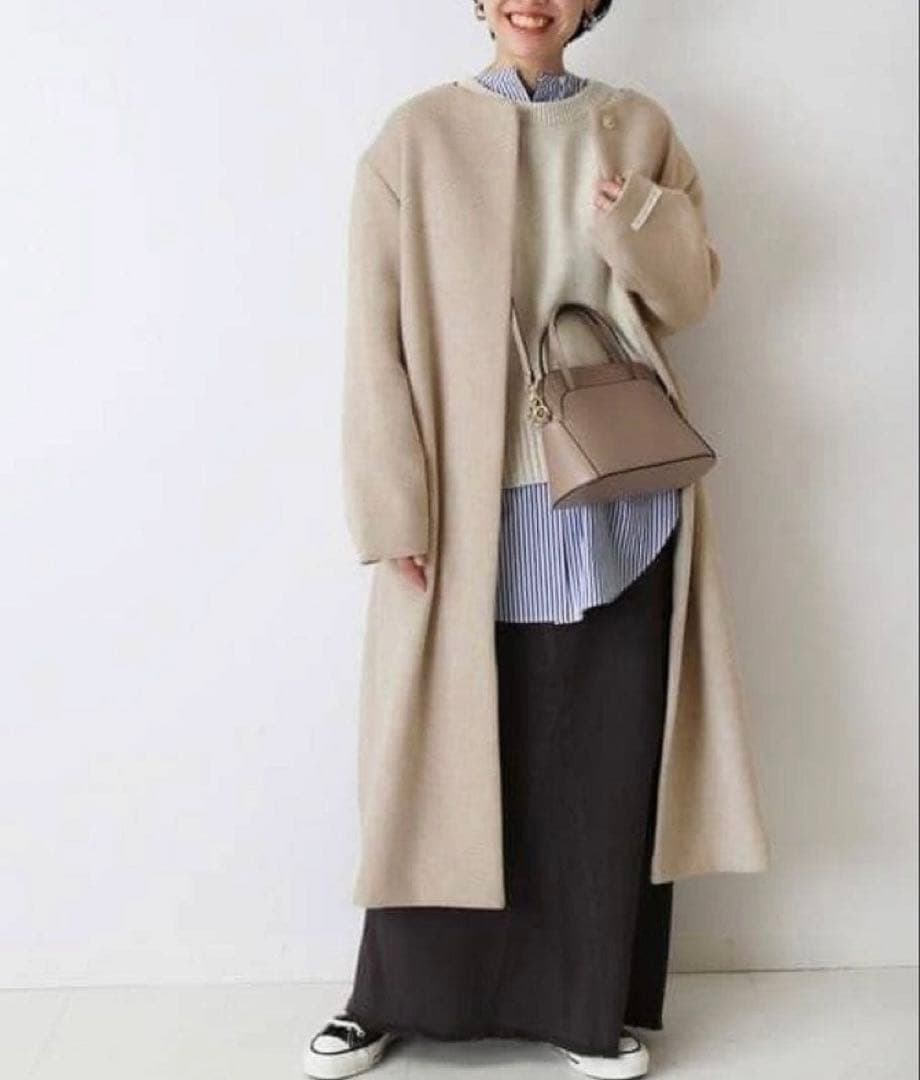 【美品】LANA WOOL 140クルーネックコート ベージュ❁˚