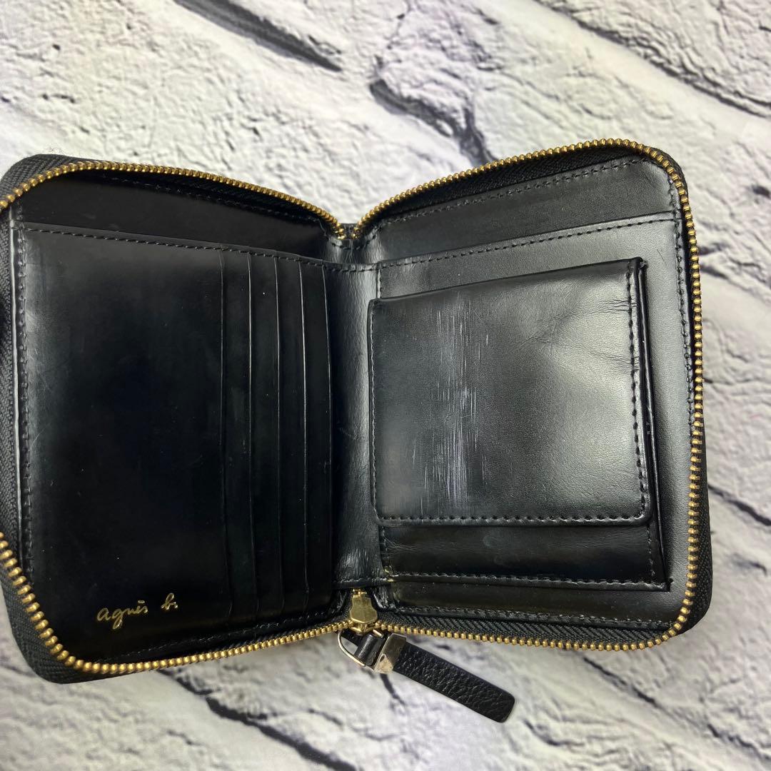 美品✨アニエスベー 本革 シボ革 レザー ラウンドファスナー 二つ折り財布 黒