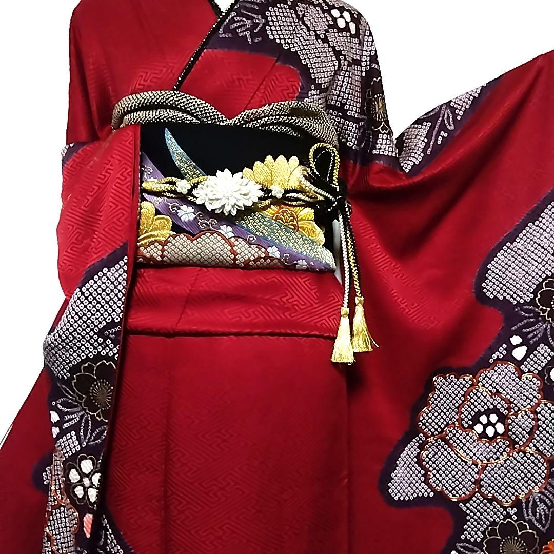 振袖 赤 絞り 刺繍 地紋 成人式 駒刺繍 セット 袋帯