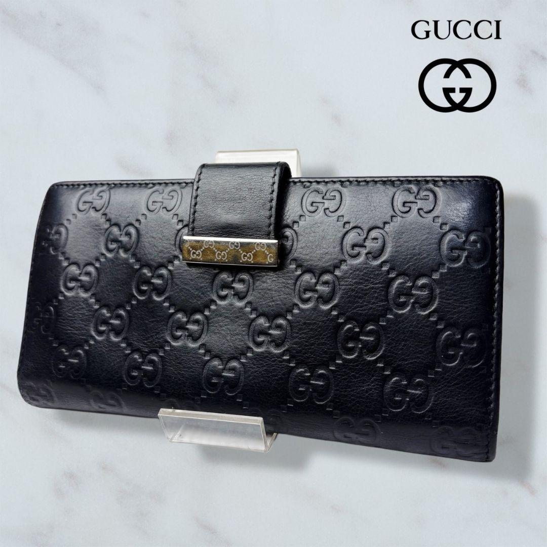 47 美品 GUCCI 長財布 二つ折り財布 シマ レザー 黒 n3