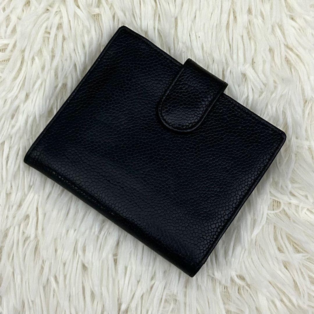【美品】CHANEL キャビアスキン ココマーク 二つ折り財布 ブラック