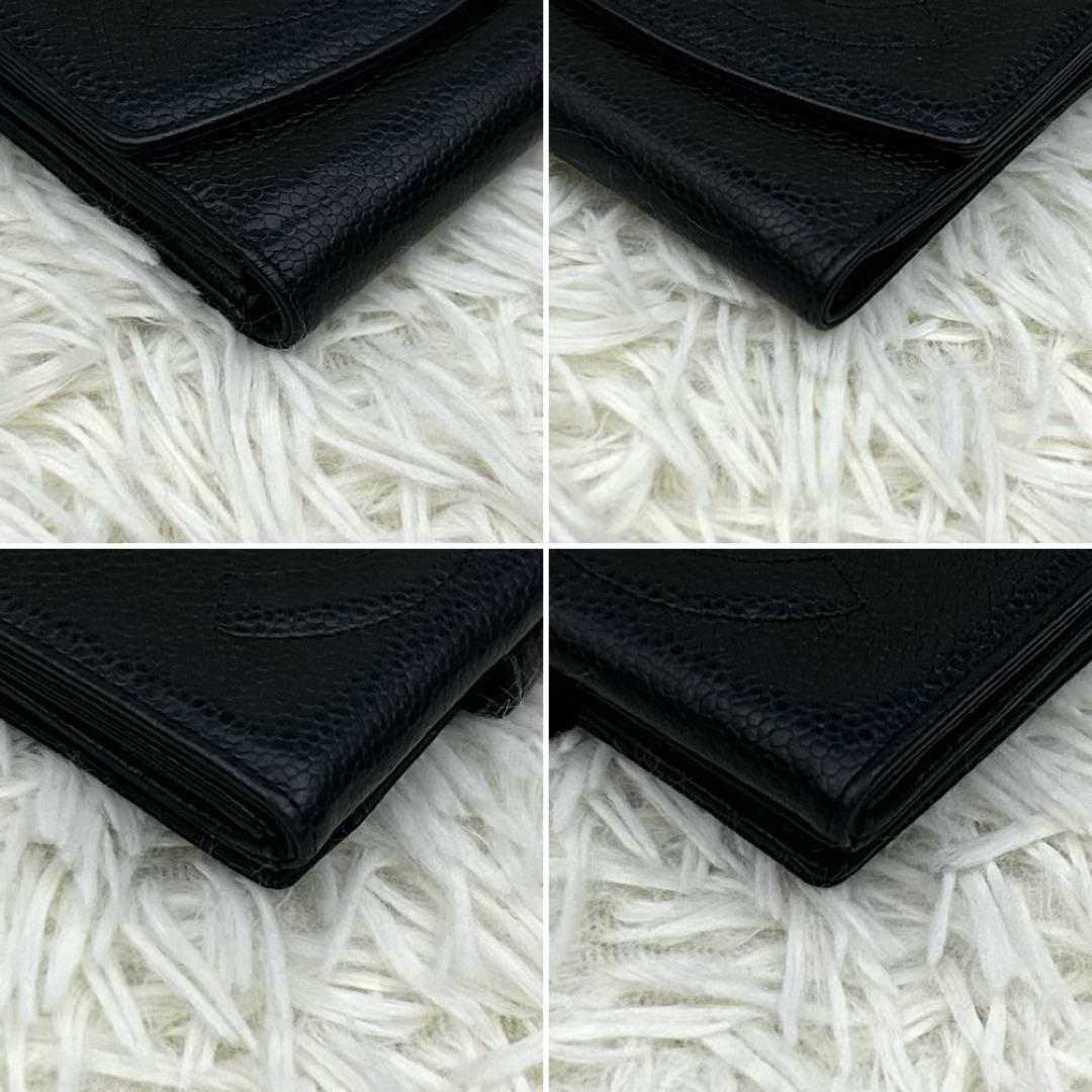 【美品】CHANEL キャビアスキン ココマーク 二つ折り財布 ブラック