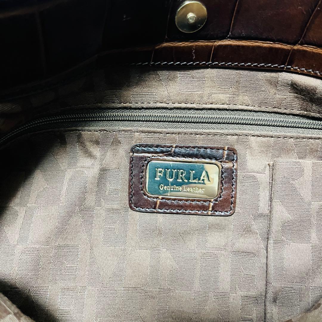FURLA クロコ スエード レザー ハンドバッグ ブラウン ゴールド金具