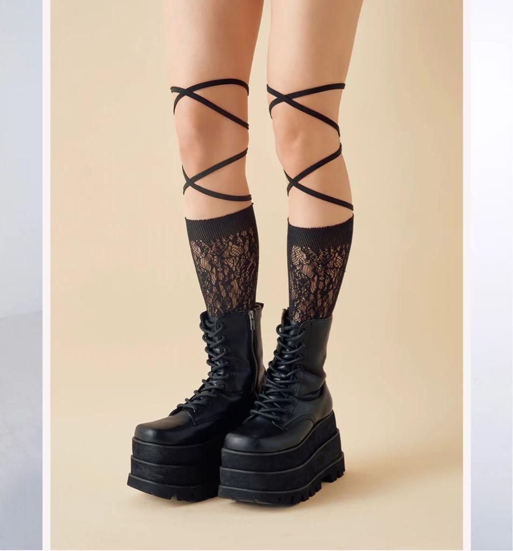 新品未開封 Darich ダーリッチ レースハイソックス 黒 ブラック F