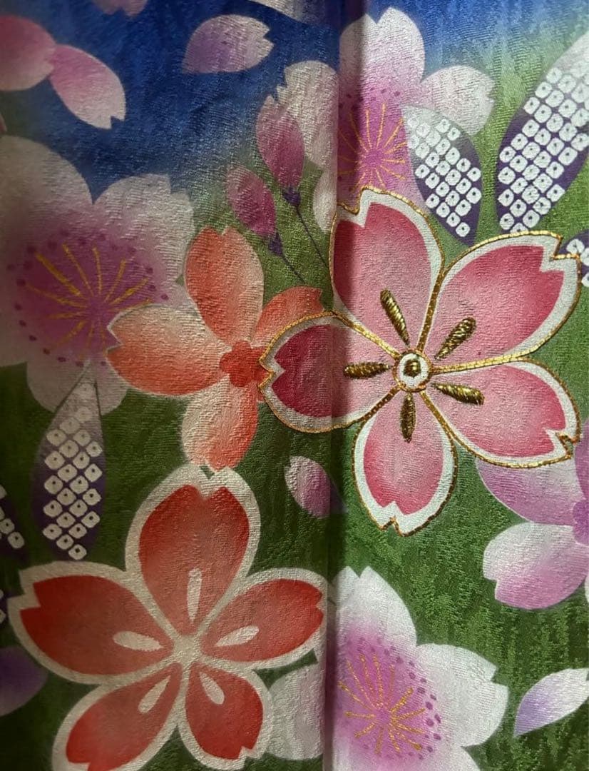 新品未使用 振袖 着物リメイク鮮烈な蒼×桜 黄金裏地 一点もの