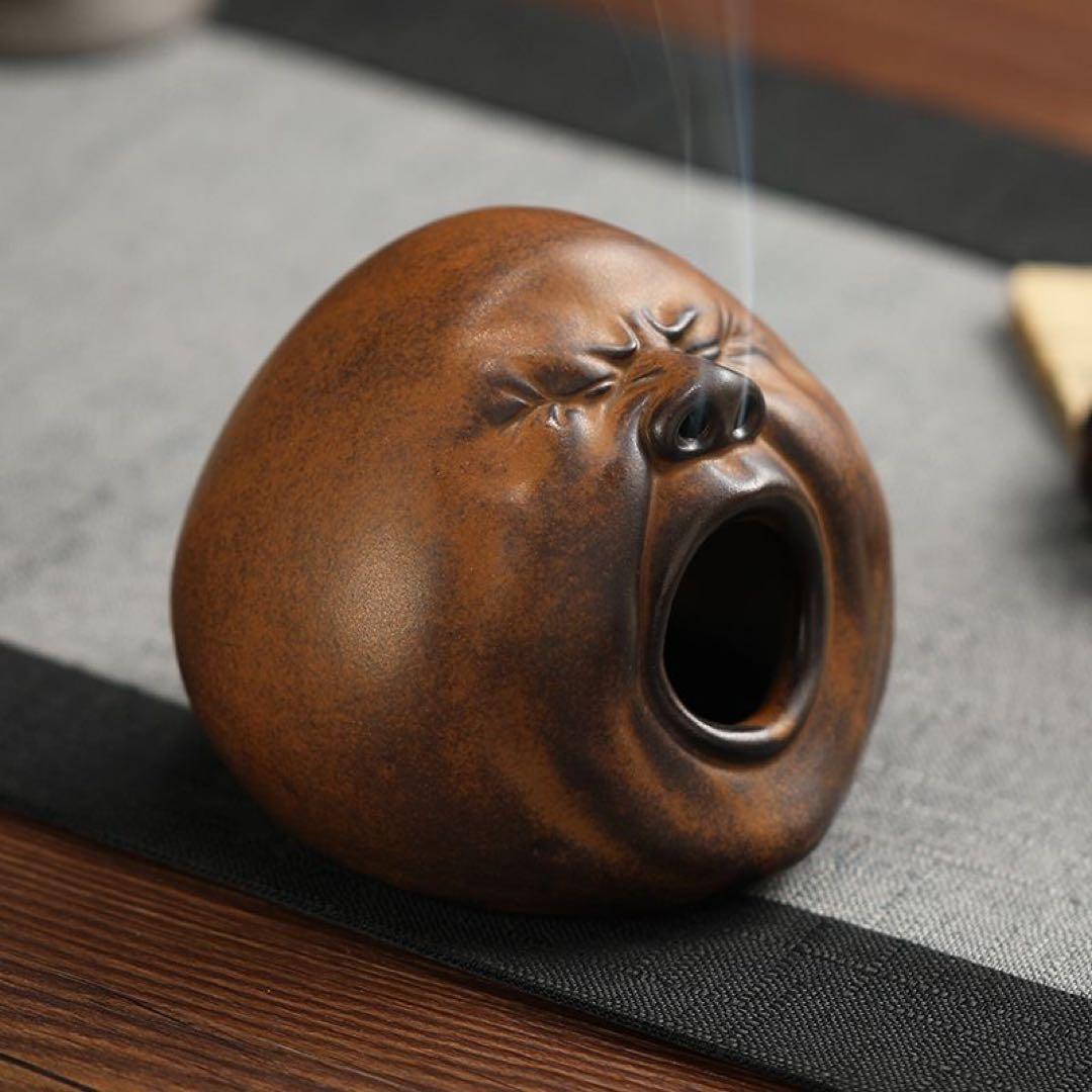 陶器製 お香立て 顔型 茶色